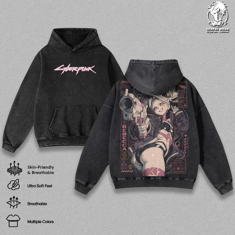 Rebecca Cyberpunk Graphic Tee - Edgerunners Vintage Washed Anime T-Shirt Oversized Heavyweight Cotton Shirt Unisex Cyberpunk Streetwear Top Daily Wear Gift for Anime and Gaming Fans