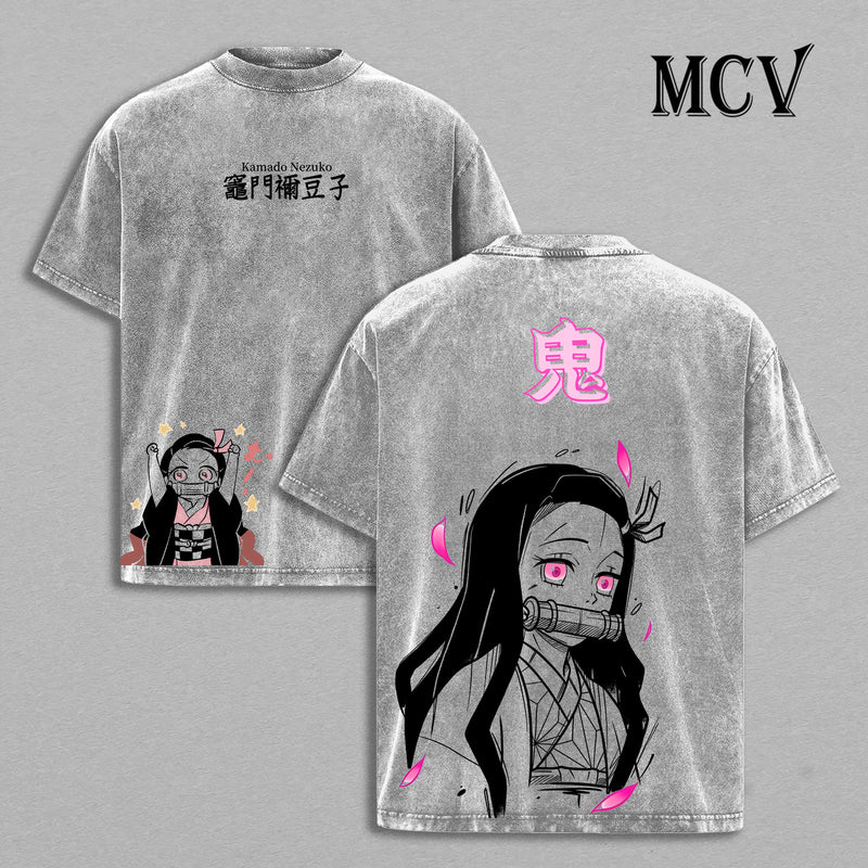 Nezuko Kamado Demon Slayer Washed T-Shirt, Vintage Anime Oversized Tee, Heavy Cotton Shirt