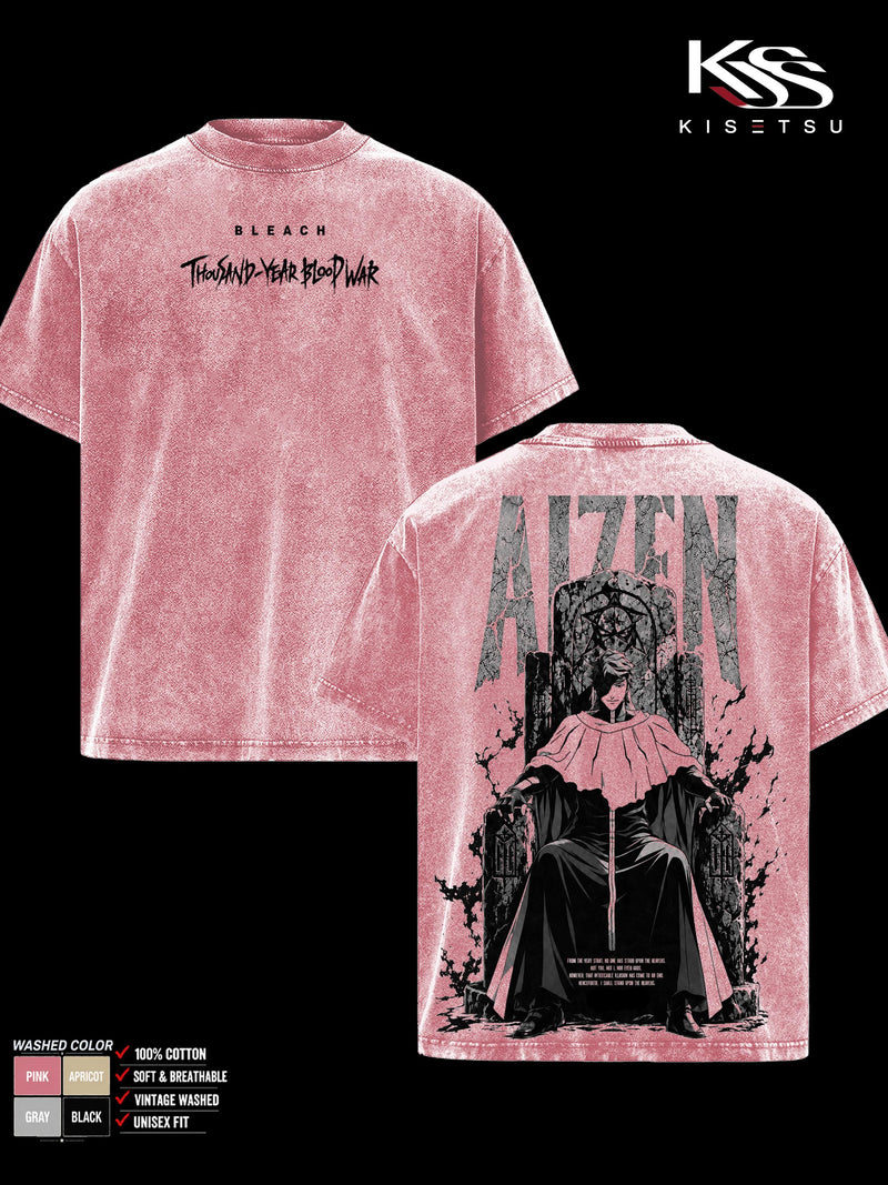 Sosuke Aizen Bleach TYBW Men’s Graphic T-Shirt, Double Sided Throne Anime Tee, Oversized Vintage Washed Soft Cotton Crewneck, Classic Streetwear Apparel, Gift for Anime Fans