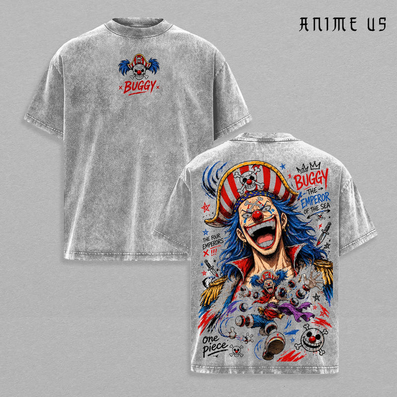 Buggy One Piece Vintage Washed Tee Emperor of the Sea Yonko Anime Shirt Manga Graphic Oversized Unisex