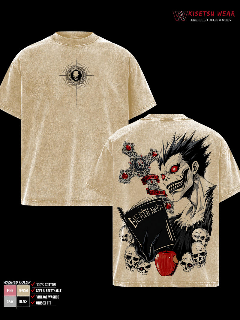 Death Note Ryuk Vintage Washed Shirt, Double Sided Shinigami Anime Graphic Tee, Soft Cotton Oversized Casual Menswear Top