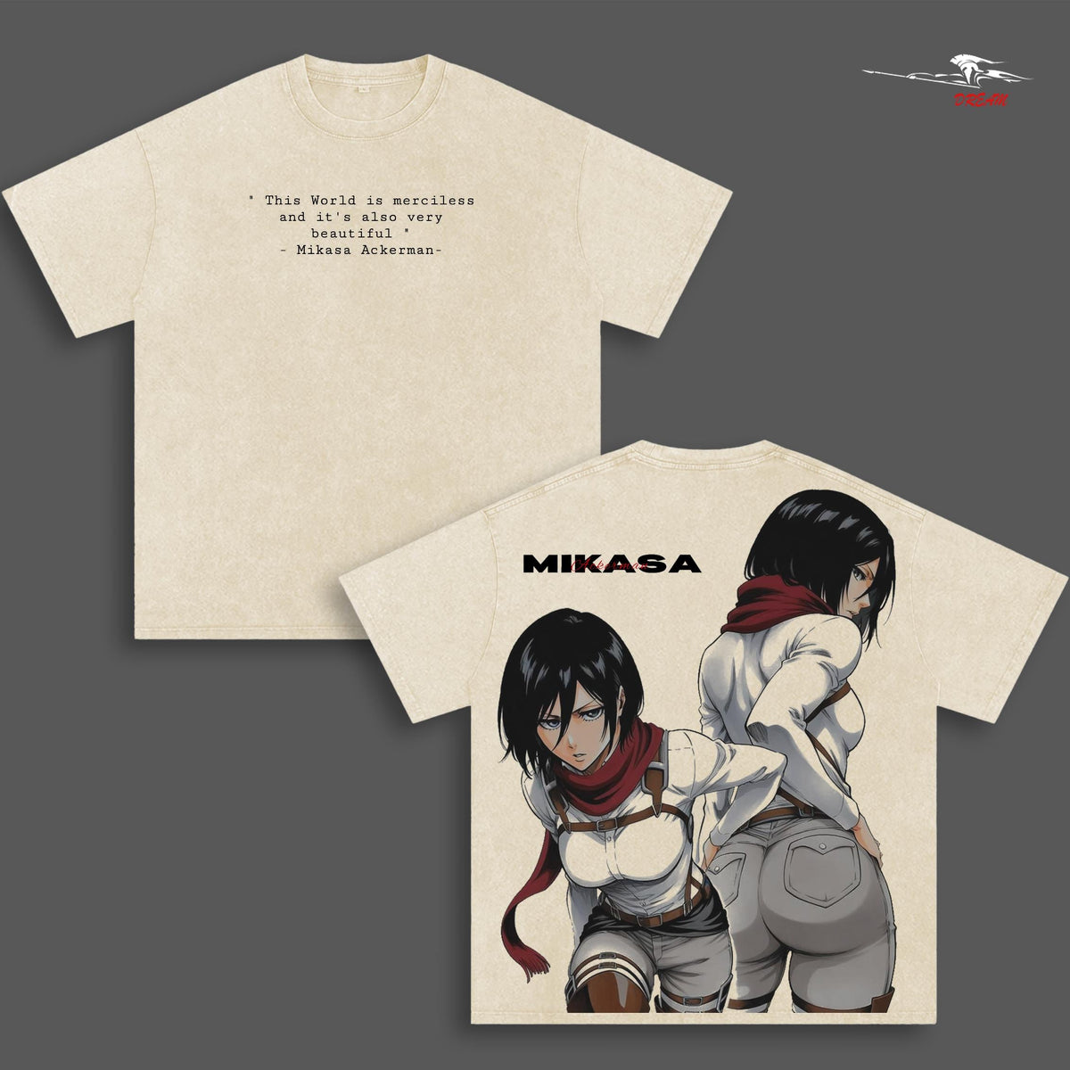 Mikasa Ackerman Attack on Titan Anime Double Printed Vintage Washed Tee Unisex Oversize Anime Manga Washed Heavyweight Cotton T-shirt