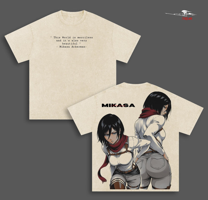 Mikasa Ackerman Attack on Titan Anime Double Printed Vintage Washed Tee Unisex Oversize Anime Manga Washed Heavyweight Cotton T-shirt