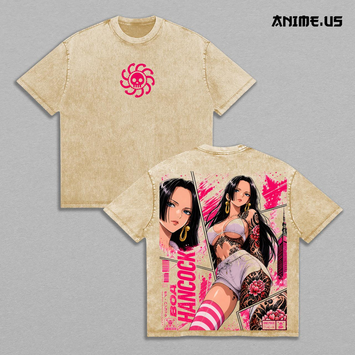 Boa Hancock One Piece Queen Energy Vintage Acid Wash Anime Graphic Tee, Pirate Empress Glamour Tattoo Rose Aura Large Back Print Unisex Cotton Streetwear