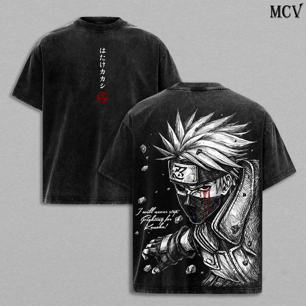 Kakashi Hatake T-Shirt Washed – Naruto Anime Manga Copy Ninja Graphic Double Printed Tee, Menswear Heavy Cotton Unisex Oversize Streetwear Vintage Edition