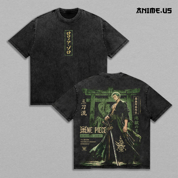 Roronoa Zoro Three-Sword Style OnePiece Anime Graphic Tee King of Hell Swordsman Vintage Washed Oversized T-Shirt Manga Art Heavyweight Cotton Streetwear Back Print Shirt