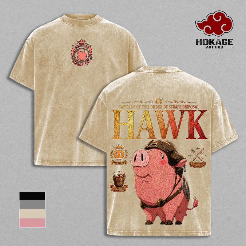 Hawk -7DS Seven Deadly Sins Gluttony Pig Mascot Double Printed Tee, Stone Wash Streetwear For Men, Heavyweight Unisex Oversized Shirt, Gift For Anime Fans