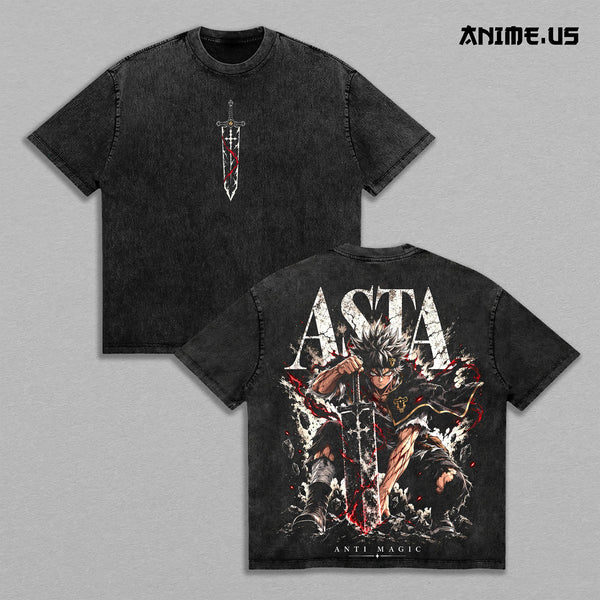 Asta Black Clover Anti Magic Vintage Washed T-Shirt, Demon Slayer Sword Anime Graphic Tee, Black Bulls Oversized Dark Fantasy Streetwear, Heavyweight Cotton Shirt