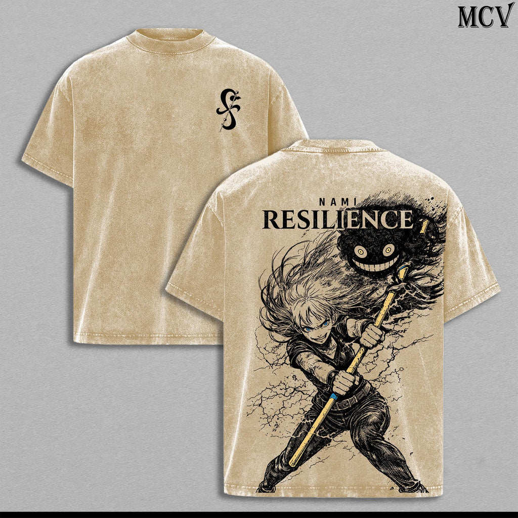 Nami Resilience Washed Tee – One Piece Anime Manga Lightning Graphic Double Printed T-Shirt, Menswear Heavy Cotton Unisex Oversize Streetwear Vintage Edition