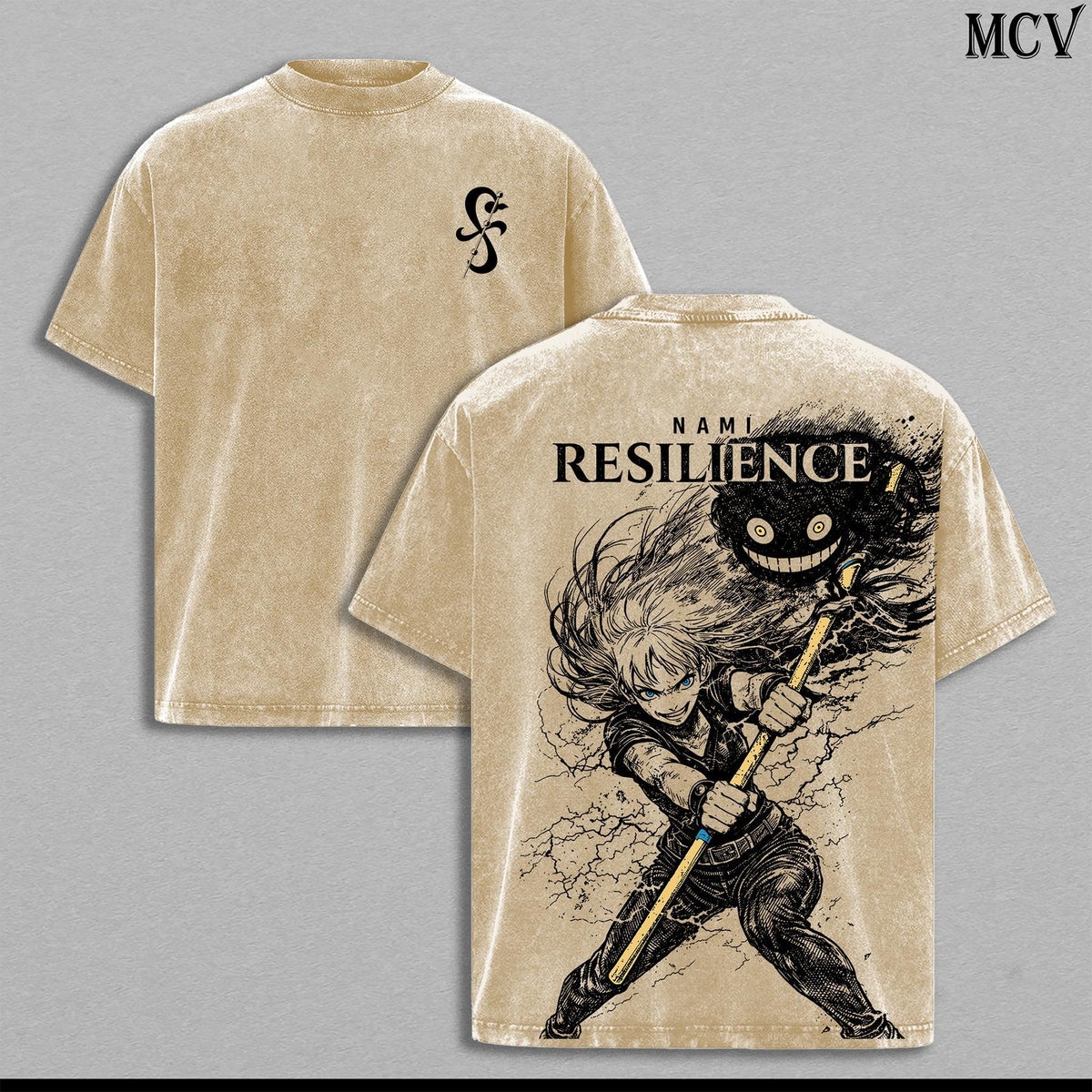Nami Resilience Washed Tee – One Piece Anime Manga Lightning Graphic Double Printed T-Shirt, Menswear Heavy Cotton Unisex Oversize Streetwear Vintage Edition