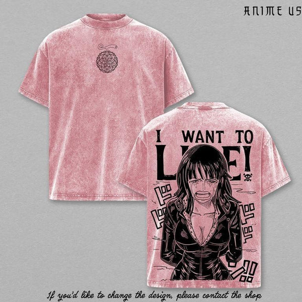 Nico Robinnn “I Want To Live” Vintage Washed Anime T-Shirt Scene Graphic Tee Streetwear Retro Shirt Heavy Cotton Gift for Anime Manga Fans
