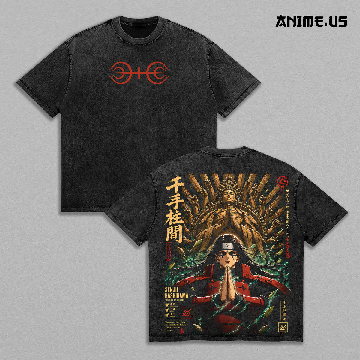 Hashirama Senju Naruto Shippuden Vintage Washed T-Shirt, First Hokage God of Shinobi Wood Style Thousand Hands Jutsu Anime Graphic Tee, Oversized Streetwear