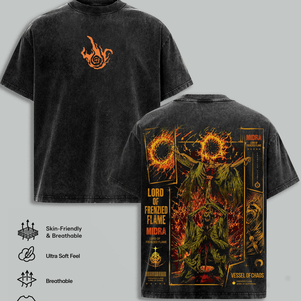 Elden Ring Vintage Washed Oversized T-Shirt The Frenzied Flame Dark Fantasy Graphic Tee, Tarnished Soulslike RPG Streetwear, Heavyweight Cotton FromSoftware Gamer Merch, Gift for Elden Ring Fans