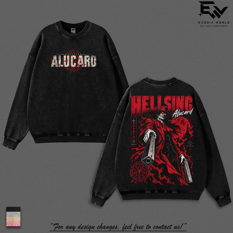 Alucard Hellsing Crimson Vampire Vintage Washed Anime Shirt, Gothic Predator Immortal Power Aura Graphic Tees Men Large Back Print Streetwear Clothes Cotton