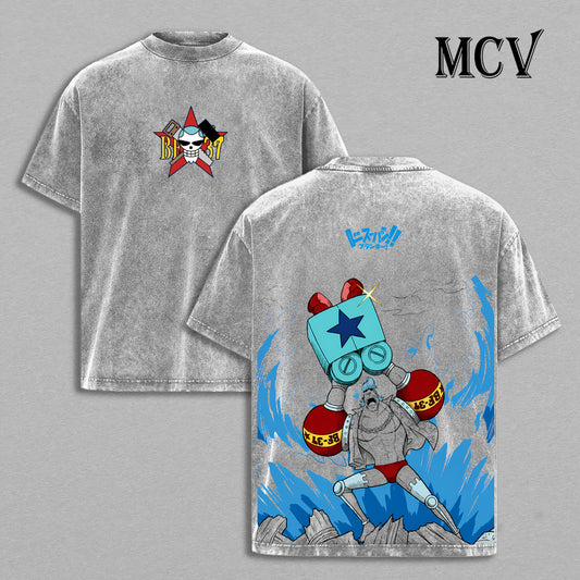 Franky One Piece Washed T-Shirt, Vintage Anime Oversized Tee, Heavy Cotton Streetwear Shirt