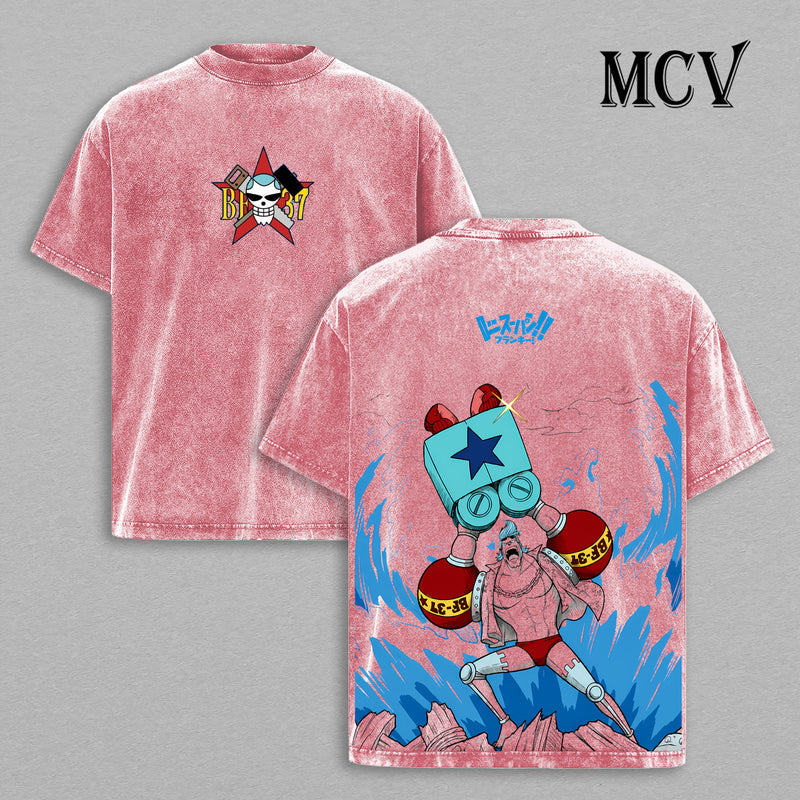 Franky One Piece Washed T-Shirt, Vintage Anime Oversized Tee, Heavy Cotton Streetwear Shirt