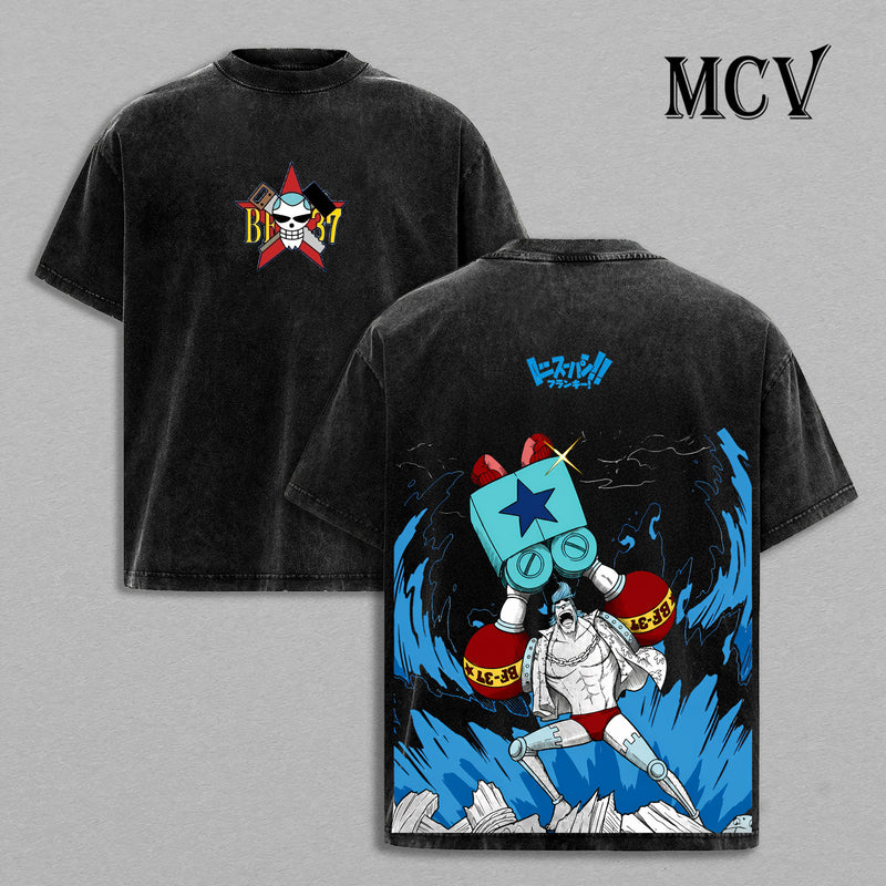 Franky One Piece Washed T-Shirt, Vintage Anime Oversized Tee, Heavy Cotton Streetwear Shirt