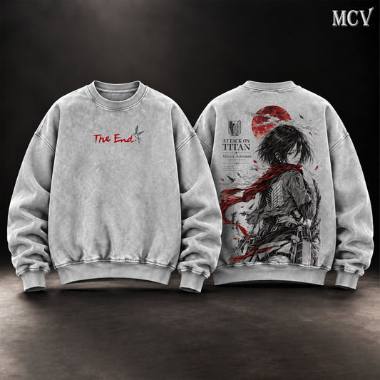 Mikasa Ackerman Attack on Titan Vintage Washed Oversized Sweatshirt, Double-Sided Anime Graphic Crewneck, Red Scarf Survey Corps Wings of Freedom Design, The End AOT Final Season Artwork, Retro 90s Y2K Streetwear, Unisex Anime Fan Gift
