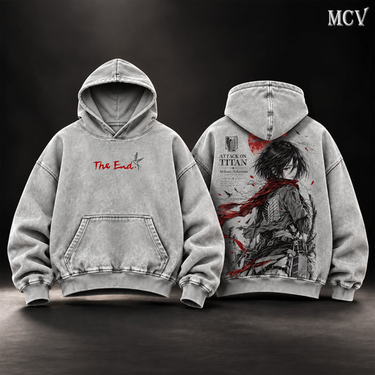 Mikasa Ackerman Attack on Titan Vintage Washed Oversized Hoodie, Double-Sided Anime Graphic Pullover, Red Scarf Survey Corps Wings of Freedom Design, The End AOT Final Season Artwork, Retro Y2K Streetwear, Unisex Anime Fan Gift
