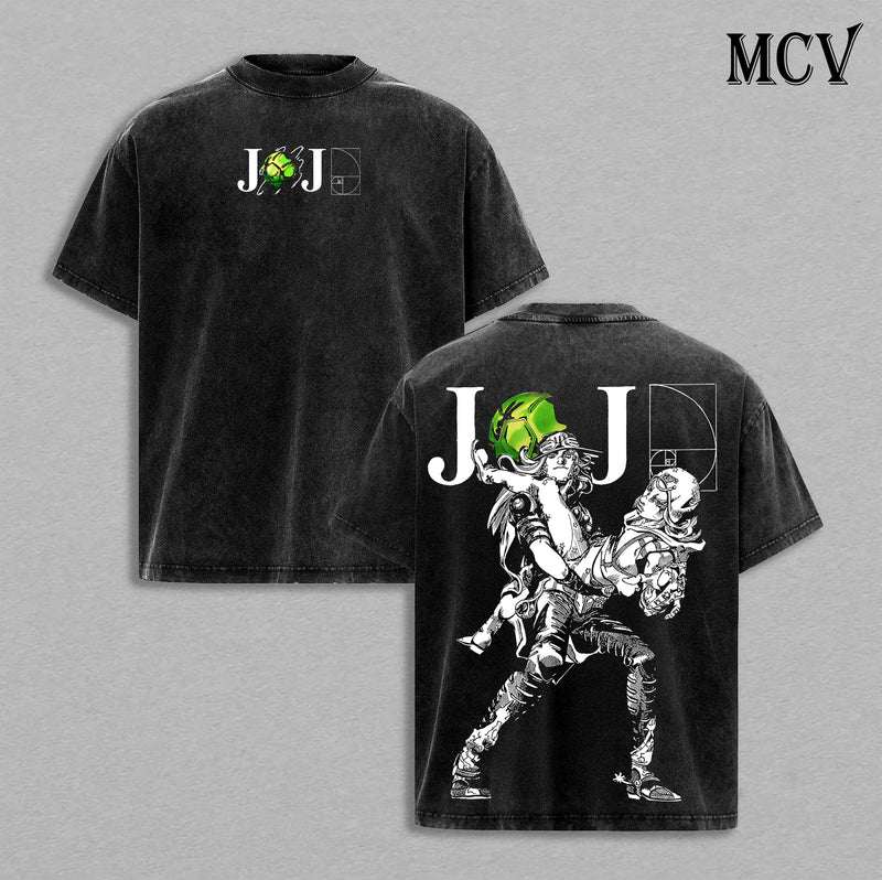 Johnny Joestar x Gyro Zeppeli – JoJo’s Bizarre Adventure Steel Ball Run Part 7 Anime Manga Spin Technique Western Race Graphic Double Printed Washed Tee, Menswear Heavy Cotton Unisex Oversize Streetwear Vintage