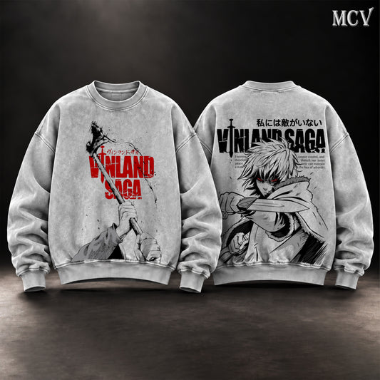 Thorfinn Vinland Saga Vintage Washed Oversized Sweatshirt, Double-Sided Anime Graphic Crewneck, I Have No Enemies Viking Warrior Design, Thorfinn Dagger Manga Artwork, Retro 90s Y2K Streetwear, Unisex Vinland Saga Fan Gift