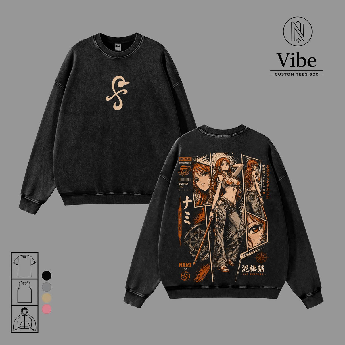 Nami 1 Piece Anime Double-Printed Vintage Washed Streetwear Tee, Tank Top, Sweatshirt, Hoodie - Unisex Oversize Seamless Ribbed Short-Sleeve Heavyweight Cotton Apparel, Gift for Anime Manga Fans