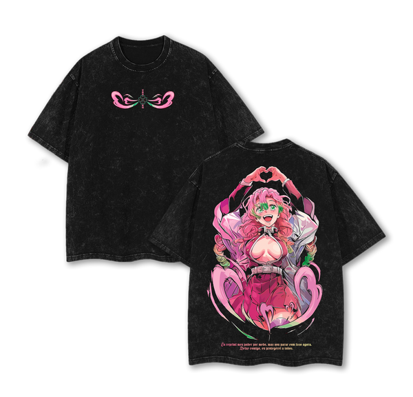 Mitsuri Kanroji - Demon Slayer Anime Double Printed Vintage Washed Tee Unisex Oversize Anime Manga Washed Heavyweight Cotton T-shirt