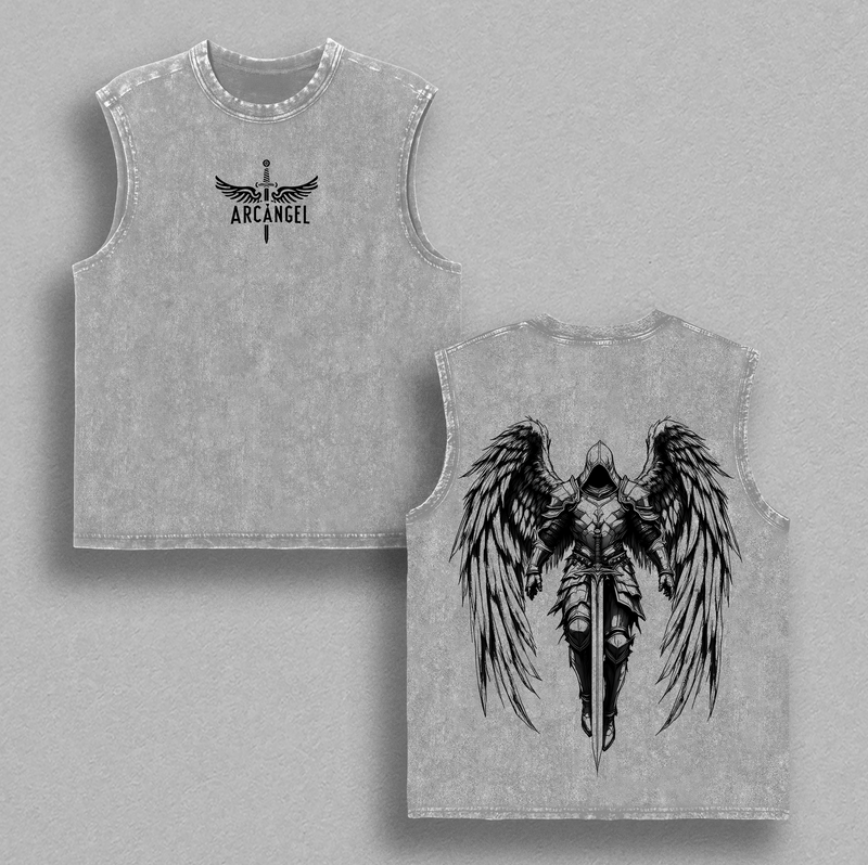 Arcangel Saint Michael T-Shirt, Sweatshirt, Hoodie Washed - Holy Warrior Angel Graphic Shirt, Sword and Wings Vintage Washed Top, Christian Gothic Streetwear Outfit Church - Gym Pump Cover Jesus Apparel