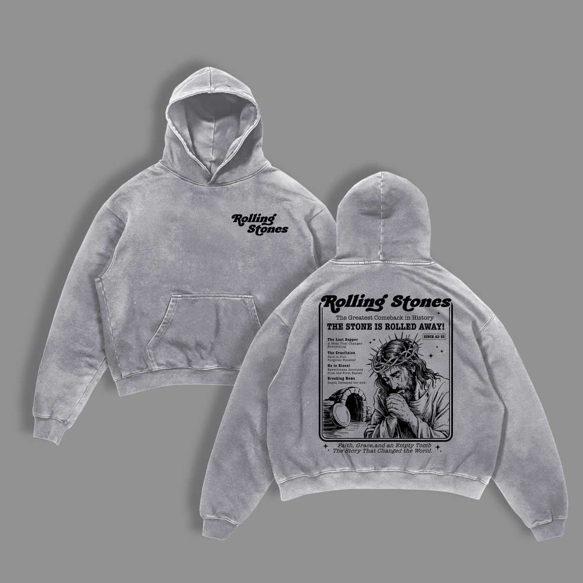 Rolling Stones Vintage Washed Oversize T-Shirt / Hoodie / Tank Top, The Stone Rolled Away Resurrection Christian Streetwear, Retro Heavyweight Faith Outfit Gift , Jesus Apparel Church Outfit Gym Pump Cover