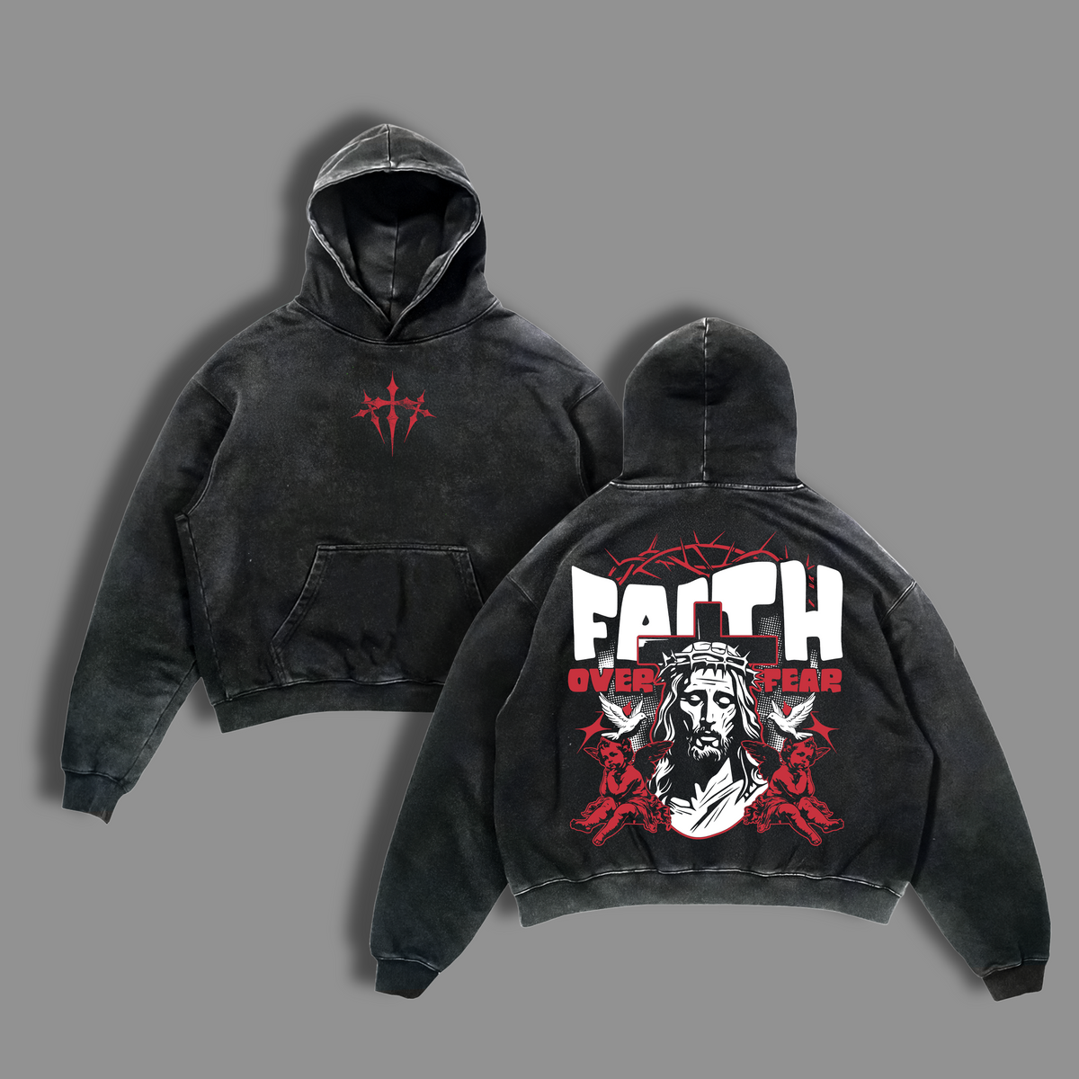 Faith Over Fear Jesus Shirt | Crown of Thorns Christian Graphic Tee | Vintage Washed Angel Print | Bold Cross Streetwear | Religious Spiritual Heavy Cotton Oversized Tee for Believers
