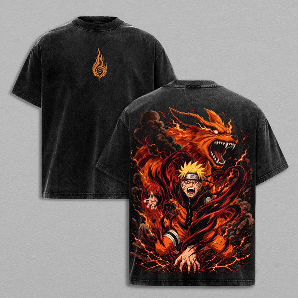 Naruto Kurama Nine Tails Vintage Washed Oversized Graphic Tee, Sage of Six Paths Anime Heavyweight Cotton Streetwear T-Shirt