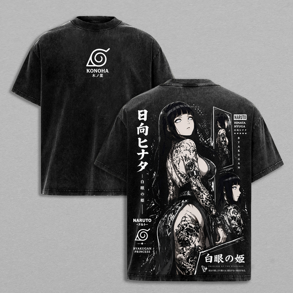Hinata Hyuga Princess Tattoo Anime Graphic T-Shirt, Vintage Washed Black Oversized NRT Streetwear Tee, Front and Back Print Unisex Shirt for Anime Fans