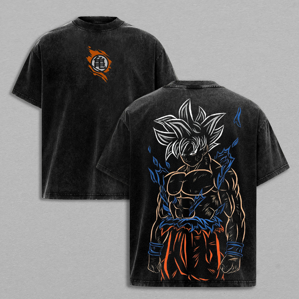 Dragon Ball Goku Ultra Instinct Washed T-Shirt | Vintage Oversized Heavy Cotton Double-Sided Anime Graphic Tee