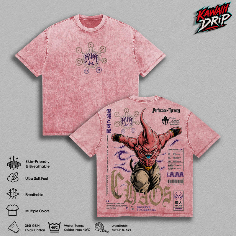 Majin Buu DBZ Vintage Washed T-Shirt, Majin Kid Buu Chaos Graphic Tee, DBZ Villain Anime Streetwear Shirt, Oversized Heavy Cotton Unisex Manga Tee, DBZ Fan Gift for Men & Women