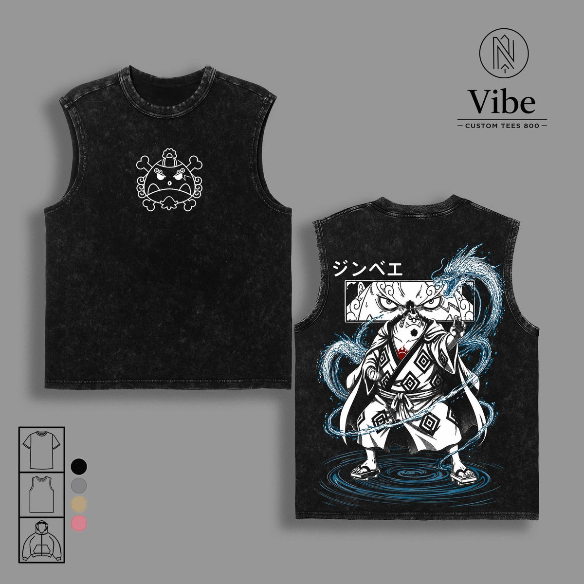 1 Piece Jinbe Vintage Washed Graphic Top - Straw Hat Pirates Manga Oversized Cotton T-Shirt, Tank Top, Sweatshirt, Hoodie - Japanese Streetwear Ribbed Hem Menswear Apparel, Gift for Anime Fans