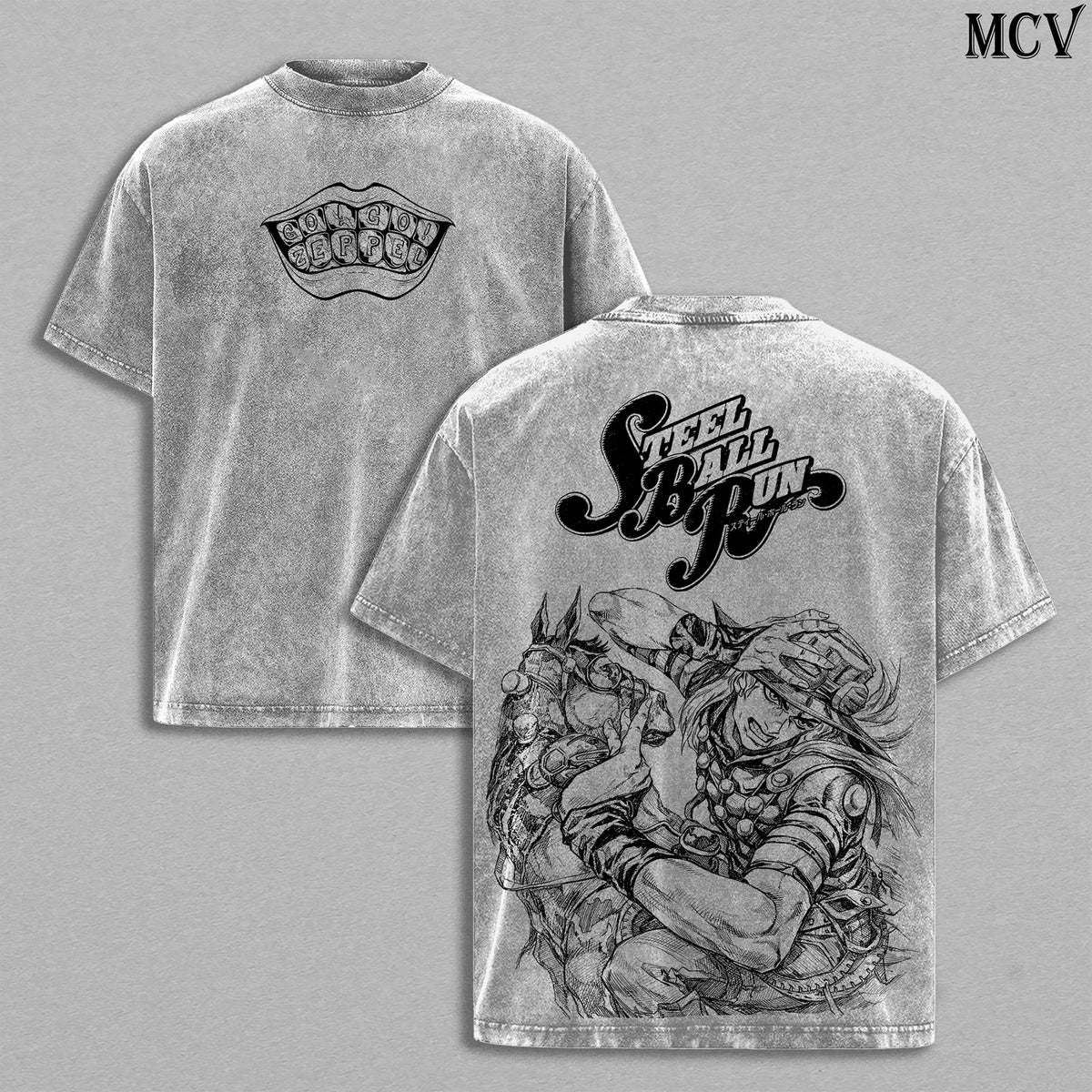 Gyro Zeppeli Washed Tee – JoJo’s Bizarre Adventure Steel Ball Run Part 7 Anime 2026 Golden Spin Western Race Manga Graphic Double Printed T-Shirt, Menswear Heavy Cotton Unisex Oversize Streetwear Vintage