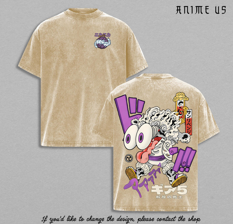 Gear 5 Sun God Nika Sea Emperor Pirate Vintage Washed T-Shirt | White Hair Captain Anime Tee | Toon Force Manga Streetwear