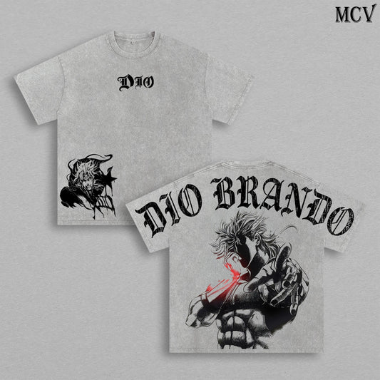 Dio Brando Washed Tee – JoJo’s Bizarre Adventure Steel Ball Run Scary Monsters Dinosaur Stand Anime Manga Graphic Double Printed T-Shirt, Menswear Heavy Cotton Unisex Oversize Gym Streetwear Vintage Retro
