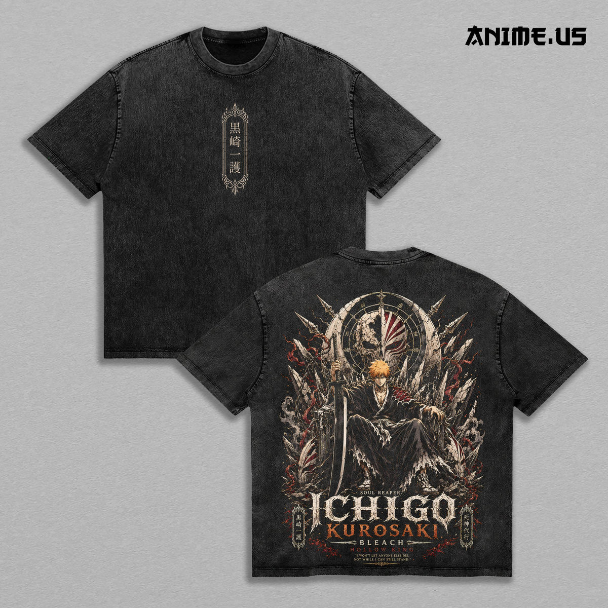 Ichigo Kurosaki Bleach Vintage Acid Wash Anime Graphic Tee, Hollow King Soul Reaper Protector Energy Inner Power Large Back Print Unisex Cotton Streetwear
