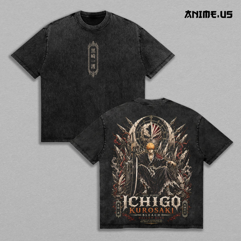 Ichigo Kurosaki Bleach Vintage Acid Wash Anime Graphic Tee, Hollow King Soul Reaper Protector Energy Inner Power Large Back Print Unisex Cotton Streetwear