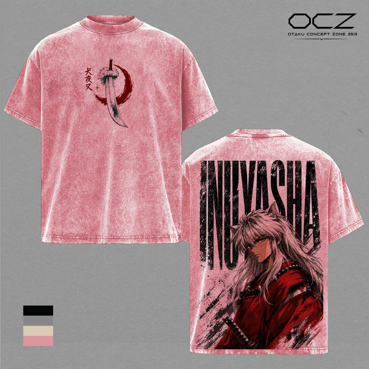 Inuyasha Vintage Washed T-Shirt, Half Demon Anime Graphic Tee, Tessaiga Sword Double Sided Print, Heavyweight Cotton Oversized Manga Streetwear Shirt