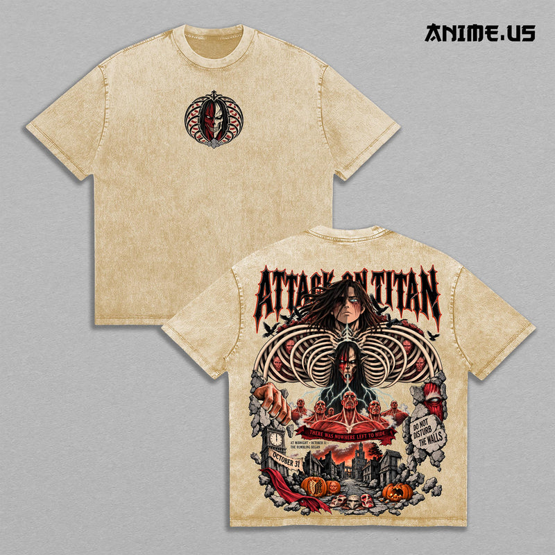 Attack Titan Halloween Vintage Black Wash T-Shirt, Eren Rumbling Skeleton Colossal Titan Horror Anime Back Print Tee, Oversized Heavy Cotton Gym Streetwear, Unisex Manga Fan Gift