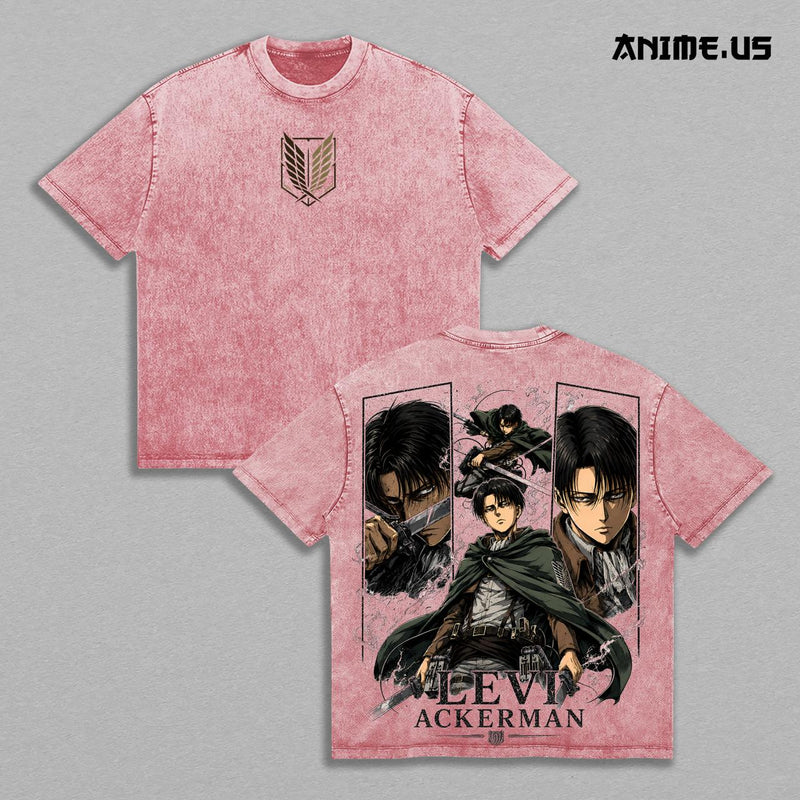 Levi Ackerman Attack on Titan Scout Regiment Captain Vintage Washed Anime Shirt, Silent Leader Precision Fighter Aura Graphic Tees Men Large Back Print Streetwear