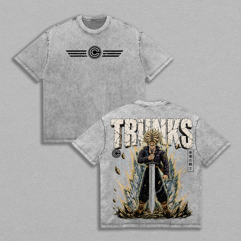 Future Trunks DBZ Vintage Shirt, Sword Time Warrior Lightning Battle Aura Double Printed Large Back Print Graphic Tees Men Unisex Heavyweight Streetwear Top Gift