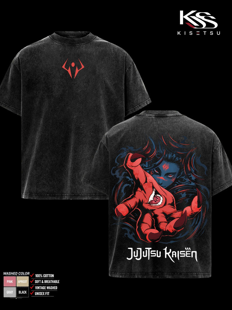 Sukuna Culling Game Part 2 Anime Graphic T-Shirt, Jujutsu Kaisen Season 4 Double Sided Tee, Vintage Washed Soft Cotton Menswear Top, Classic Casual Streetwear Clothes