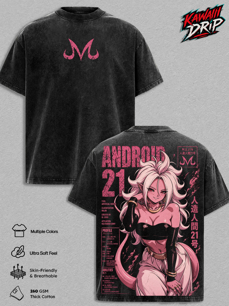 Android 21 DBZ Vintage Washed TShirt - Majin Android Anime Graphic Tee Oversized Streetwear Top Cotton Tshirt Classic Menswear Clothes Apparel Gift for DBZ Fans Men Women