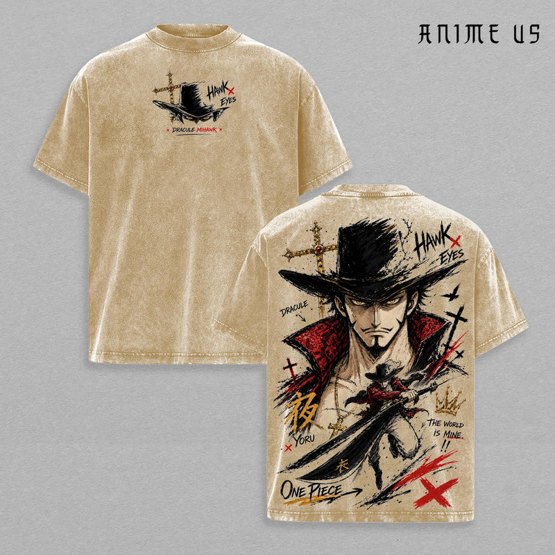 Dracule Mihawk Vintage Washed T-Shirt One Piece Anime Graphic Tee Oversized Streetwear Shirt Manga Fan Gift Unisex Anime Clothing