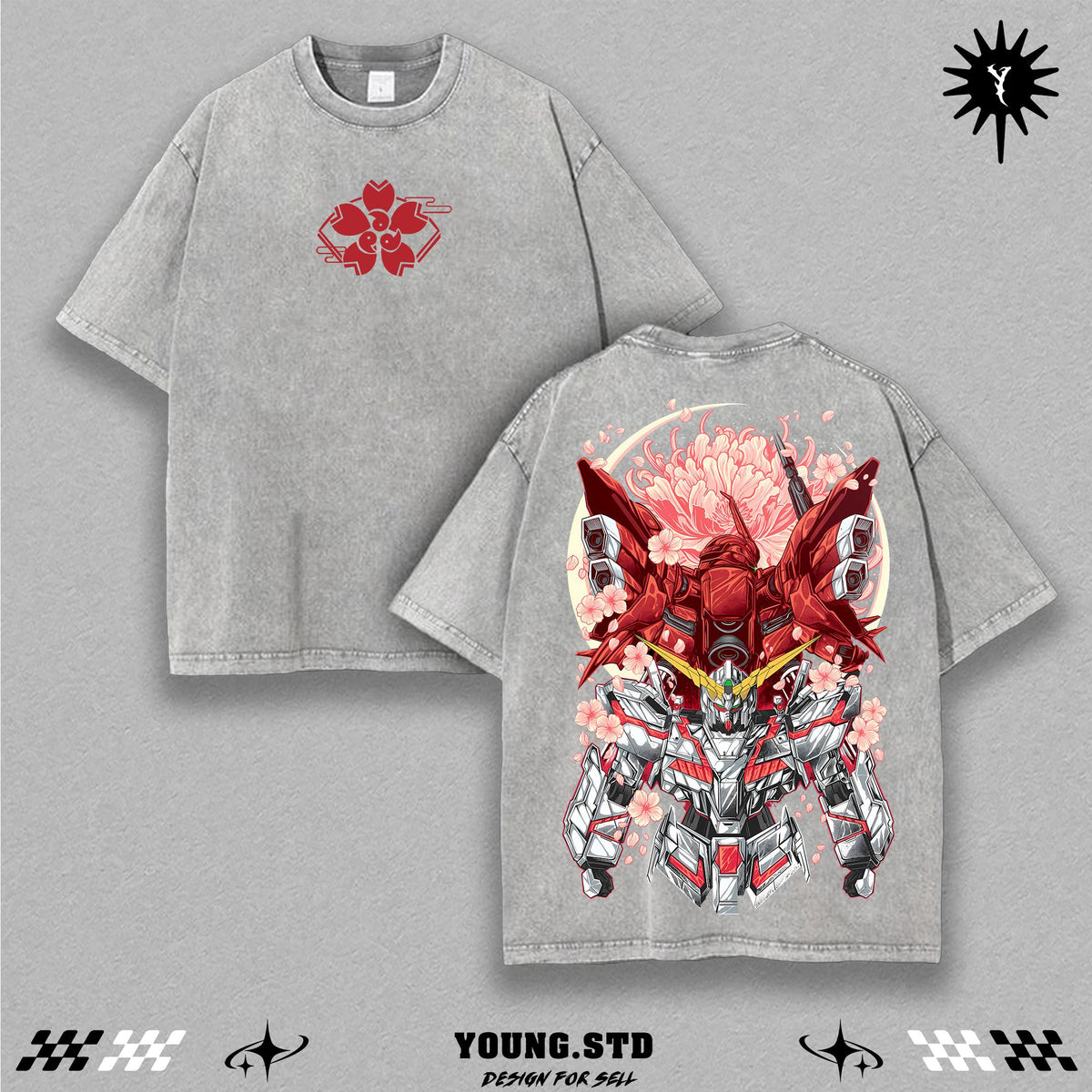 Cherry Blossom Gundam Tee | Anime Mecha Double Printed Washed Shirt | RX Mecha Core Streetwear Top | Heavyweight Cotton Oversized Tee | Robot Samurai Japan Inspired Graphic Shirt