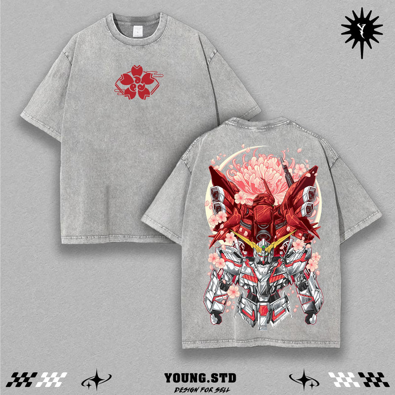 Cherry Blossom Gundam Tee | Anime Mecha Double Printed Washed Shirt | RX Mecha Core Streetwear Top | Heavyweight Cotton Oversized Tee | Robot Samurai Japan Inspired Graphic Shirt