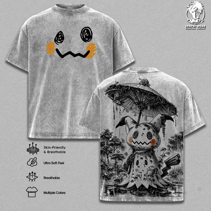 Mimikyu Graphic Tee Pokémon Vintage Washed Shirt Ghost Fairy Pocket Monster T-Shirt Unisex Streetwear Pokémon Tee Soft Cotton Top Outfit for Men Gift for Anime Fans